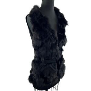 THE CUE by Cher Qu Black Fur Vest Fitted Waist Hook & Eye V-Neck Size S Small